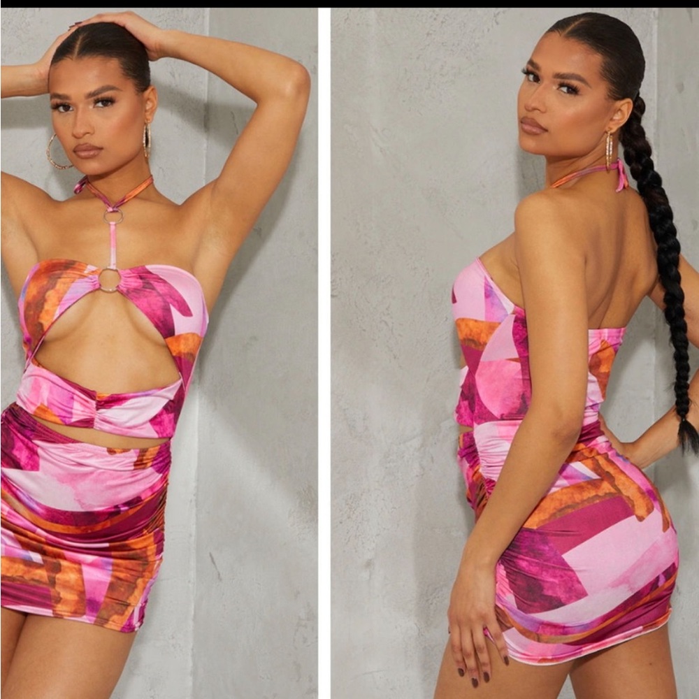 Pink Abstract Print Slinky Ring Detail Cut Out Halterneck Dress